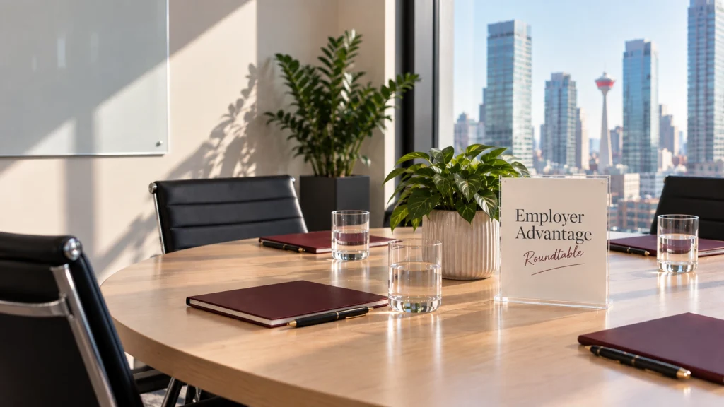 Meeting table set for an Employer Advantage roundtable overlooking the Calgary skyline.