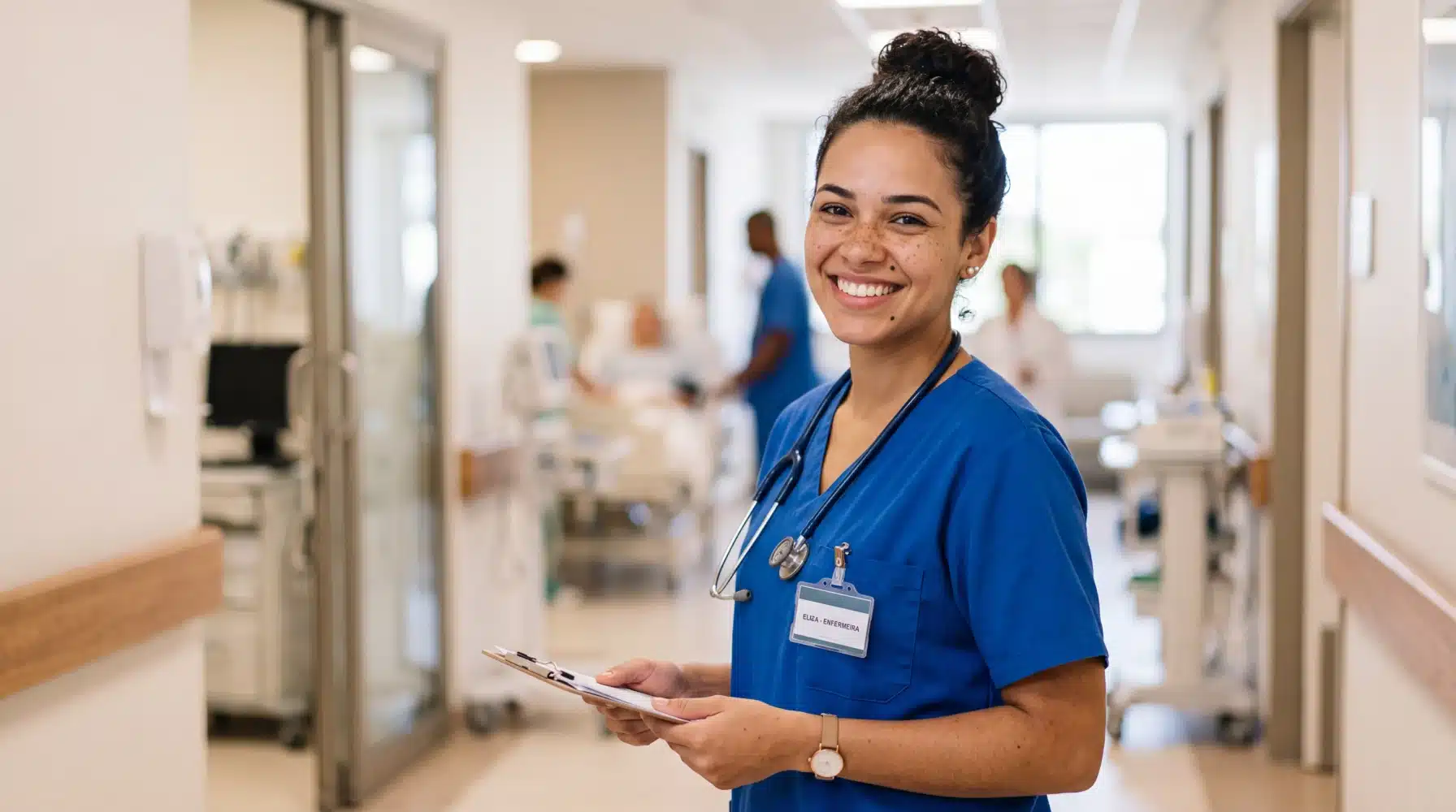 Smiling nurse in blue scrubs